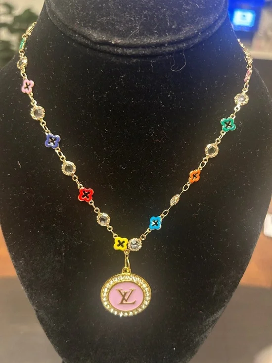 Gold-Tone Multicolor Flower Charm Necklace with Pink Logo Medallion& bracelet - Picture 2 of 5